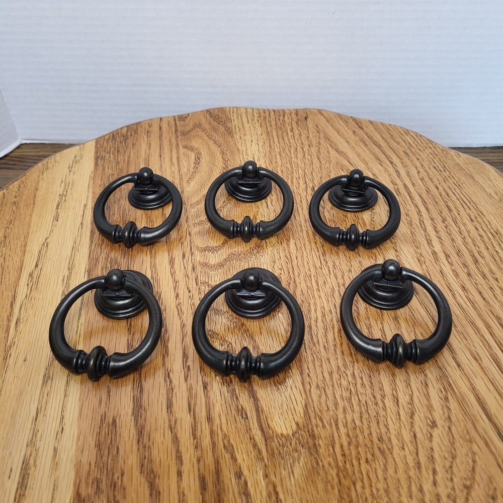 Bronze Drop Bail With Back Plate Ring Pull Dresser Cabinet Hardware Set Of 6